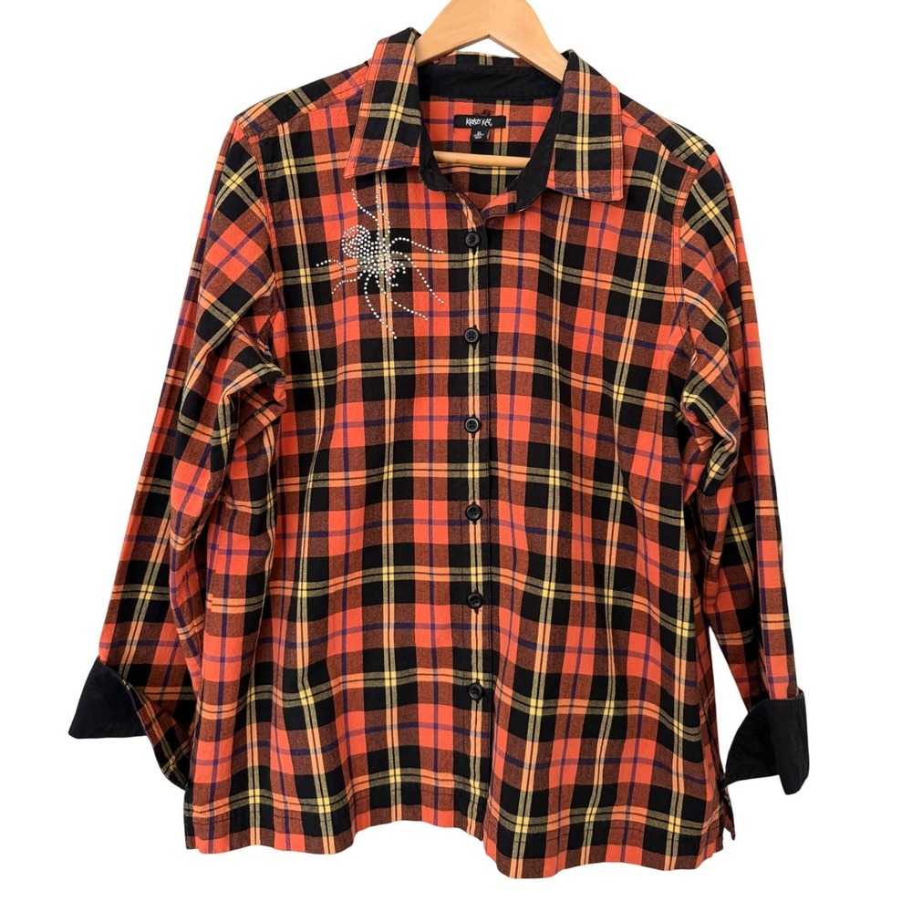 Krazy Kat Womens XL Orange Black Plaid Rhinestone Spider Flannel Button Up Shirt